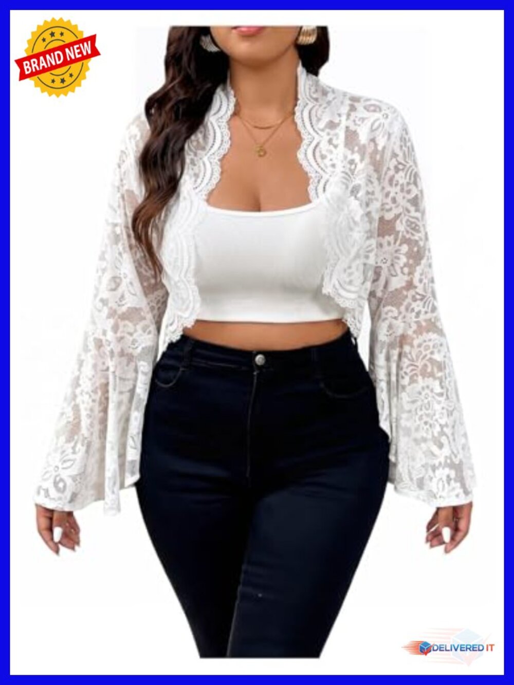 Plus Size Lace Open Front Cropped Jacket Mesh Long Bell Sleeve Outerwear